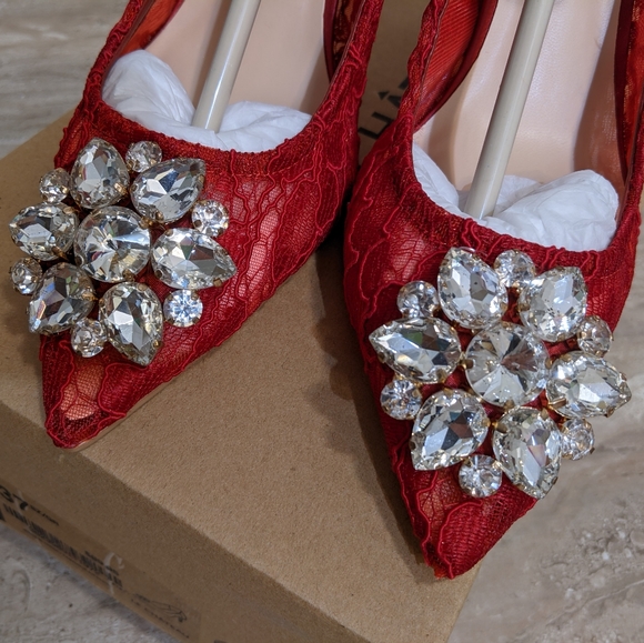 NEW 37 red lace stiletto heels diamond rhinestone - Picture 2 of 6